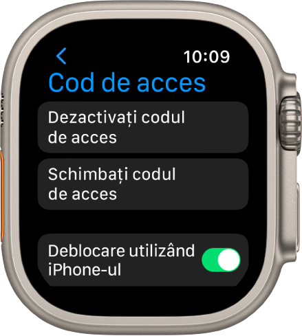 Configurările pentru Cod de acces pe Apple Watch, cu butonul Dezactivați codul de acces în partea de sus, butonul Schimbați codul de acces dedesubt și Deblocare cu iPhone-ul în partea de jos.
