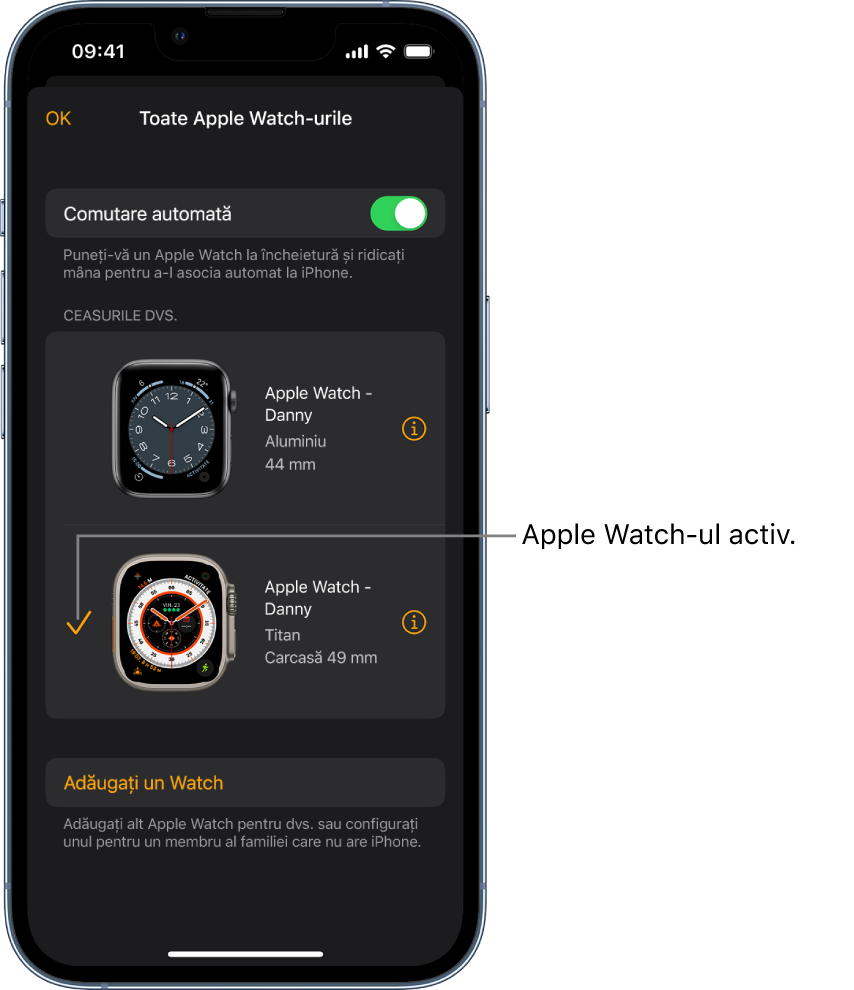 În ecranul Toate Apple Watch-urile al aplicației Apple Watch, o bifă indică Apple Watch‑ul activ.
