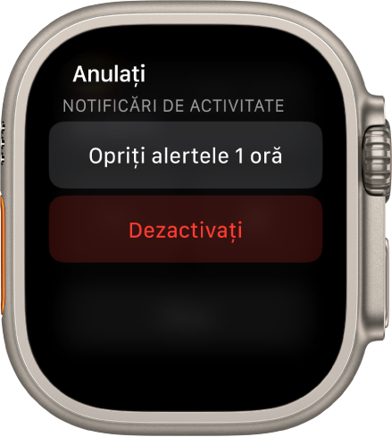 Configurările notificărilor pe Apple Watch. Pe butonul de sus scrie "Opriți alertele 1 oră”. Dedesubt se află butonul Dezactivați.