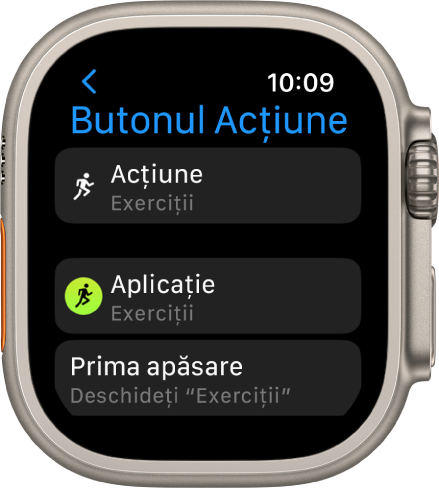 Ecranul Butonul Acțiune de pe Apple Watch Ultra, afișând Exerciții drept acțiune și aplicație alocată. Apăsarea butonului Acțiune o dată deschide aplicația Exerciții.