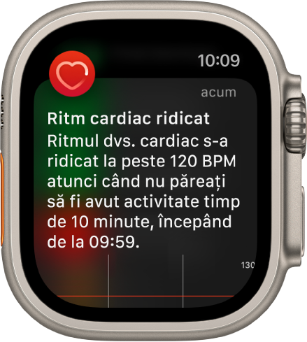 Un ecran Alertă de ritm cardiac, indicând faptul că a fost detectat un ritm cardiac ridicat.