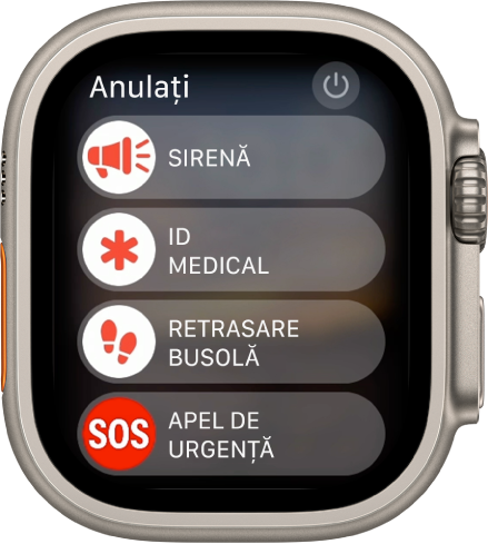 Ecranul Apple Watch prezentând patru glisoare: Sirenă, ID medical, Urmărire busolă și Apel de urgență. Butonul de alimentare este în colțul din dreapta sus.