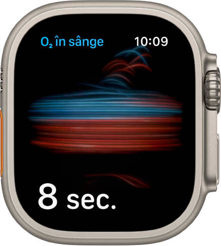 Ecranul Oxigen în sânge realizând o măsurătoare, cu o numărătoare inversă de la 8 secunde.