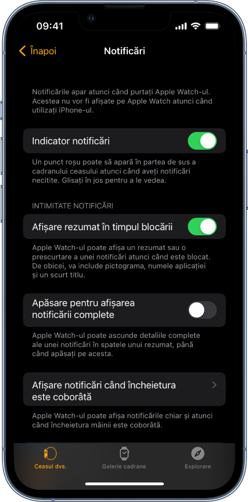 Ecranul Notificări din aplicația Apple Watch de pe iPhone, afișând sursele notificărilor.