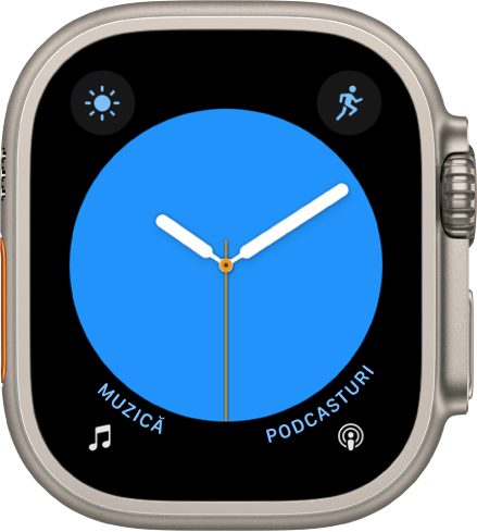 Cadranul de ceas Culori, unde puteți ajusta culoarea cadranului ceasului. Acesta prezintă patru complicații: Condiții meteo în stânga sus, Exerciții în dreapta sus, Muzică în stânga jos și Podcasturi în dreapta jos.