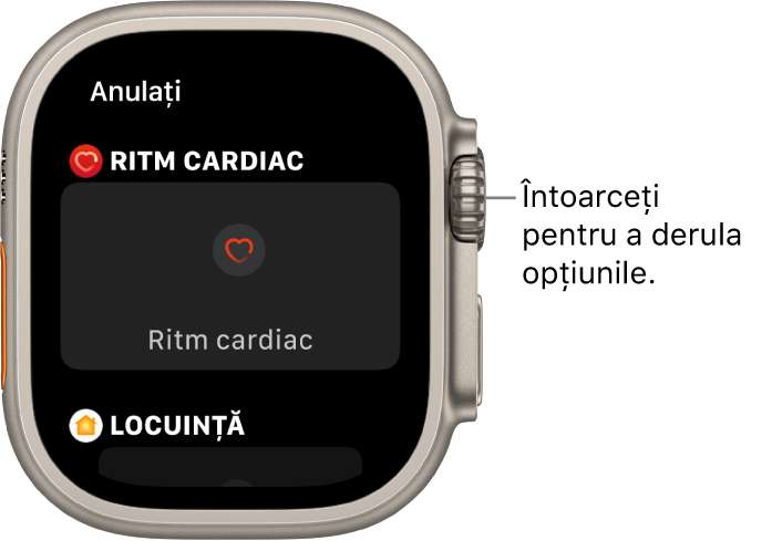Ecranul de personalizare pentru un cadran de ceas, având complicația Ritm cardiac evidențiată. Pentru a explora complicațiile, întoarceți coroana Digital Crown.