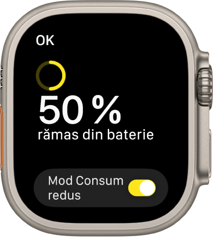 Ecranul modului Consum redus afișează un inel galben parțial indicând nivelul de încărcare rămas, cuvintele “50 % rămas din baterie” și butonul Mod Consum redus în partea de jos.