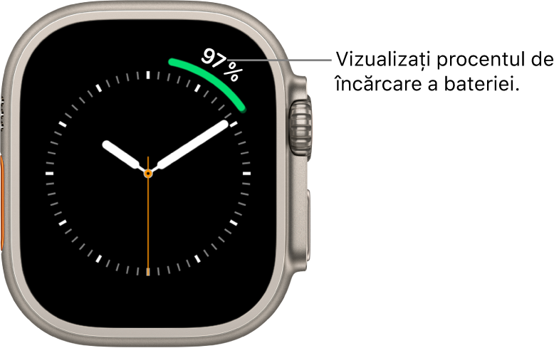 Cadranul ceasului prezentând complicația procentaj baterie în colțul din dreapta sus.