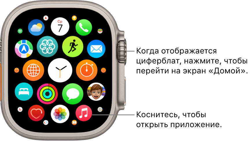 Экран «Домой» в режиме просмотра сеткой на Apple Watch, с гроздью приложений. Коснитесь приложения, чтобы открыть его. Потяните, чтобы отобразить другие приложения.