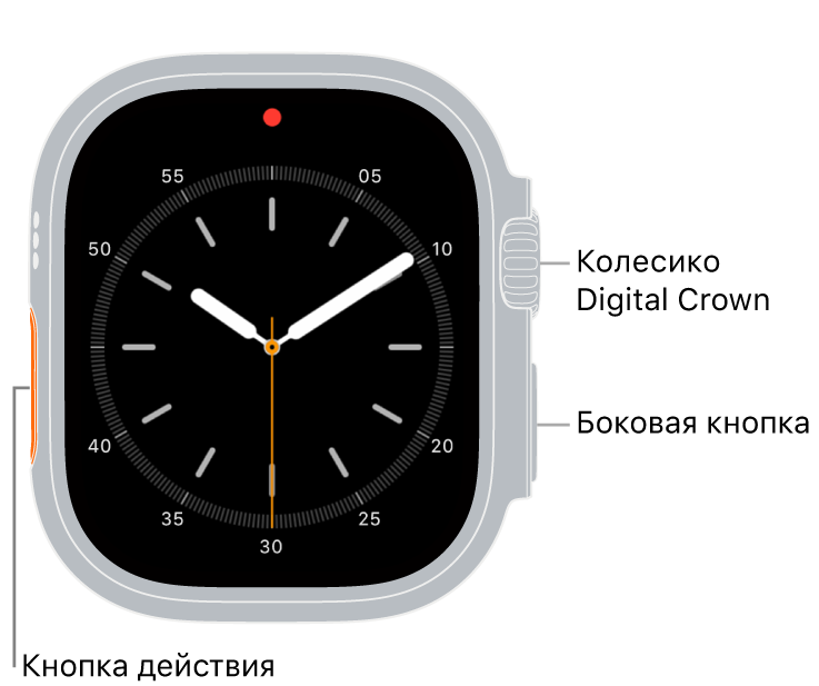 Лицевая сторона Apple Watch Ultra. На дисплее показан циферблат. Сбоку на корпусе часов показаны (сверху вниз): колесико Digital Crown, микрофон и боковая кнопка.