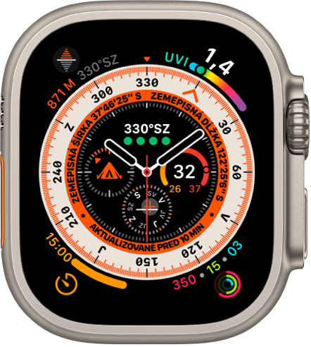 Ciferník Navigátor zobrazujúci komplikáciu Nadmorská výška vľavo hore, UV index vpravo hore, Časovače vľavo dole a Aktivita vpravo dole. Na vonkajšej strane ciferníka je prstenec kompasu. V strede ciferníka sú štyri komplikácie – Smer kompasu v hornej časti, Teplota vpravo, Kompas dole a Body na trase na kompase vľavo.