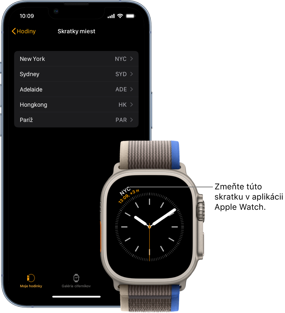 iPhone a hodinky Apple Watch položené vedľa seba. Na obrazovke hodiniek Apple Watch sa zobrazuje čas v New Yorku, uvedený pod skratkou NYC. Na obrazovke iPhonu sa zobrazuje zoznam miest v nastaveniach „Skratky miest“ (v nastaveniach Hodiny v apke Apple Watch).