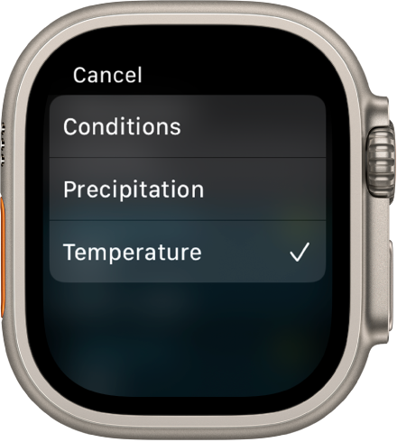 Aplikacija Weather (Vreme) prikazuje tri možnosti na seznamu – Conditions (Razmere), Precipitation (Padavine) in Temperature (Temperatura).