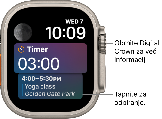 Številčnica Siri, ki prikazuje datum in čas zgoraj desno. V zgornjem levem kotu je prikazan pripomoček Moon Phase (Lunine faze). Spodaj je pripomoček Timers (Časovniki), ki prikazuje trenutno predvajano skladbo. Spodaj je prikazan pripomoček Calendar Schedule (Koledar z urnikom).
