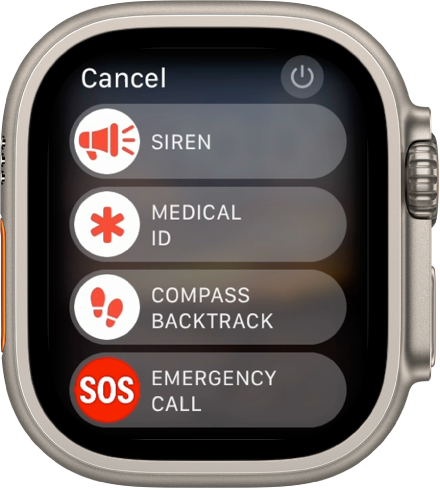 Zaslon ure Apple Watch s štirimi drsniki: Siren (Sirena), Medical ID (Zdravstvena izkaznica), Compass Backtrack (Vračanje po prehojeni poti s kompasom) in Emergency Call (Klici v sili). Zgoraj desno je gumb Power (Vklop/izklop).
