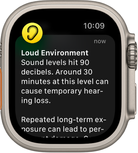 Ura Apple Watch, ki prikazuje obvestilo aplikacije Noise (Hrup). Ikona za aplikacijo, ki je povezana z obvestilom, se prikaže zgoraj levo. Tapnite ikono, da odprete aplikacijo.