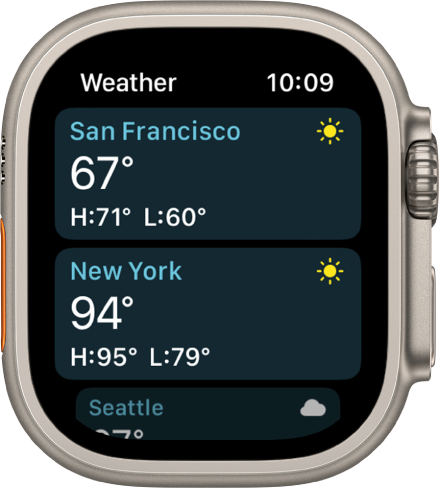 Aplikacija Weather (Vreme), ki prikazuje vremenske podrobnosti za dve mesti na seznamu.