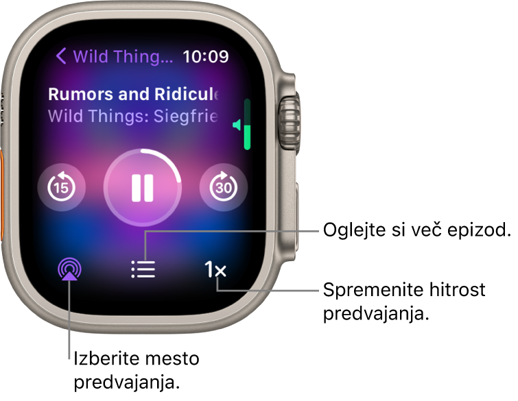 Zaslon Now Playing (Zdaj se predvaja) v aplikaciji Podcasts (Poddaje) prikazuje naslov oddaje, naslov epizode, datum, gumb za preskakovanje 15 sekund nazaj, gumb za začasno zaustavitev predvajanja, gumb za preskakovanje 30 sekund naprej, gumb AirPlay, gumb za epizode in gumb za hitrost predvajanja.