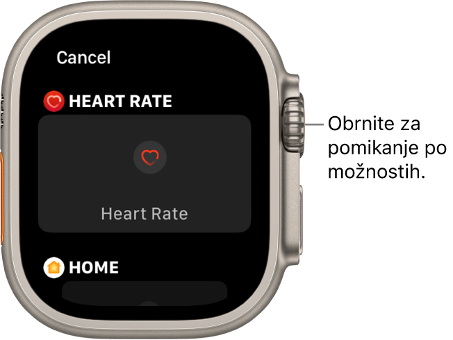 Zaslon za prilagoditev številčnice z označenim pripomočkom Heart Rate (Srčni utrip). Zavrtite gumb Digital Crown za brskanje po pripomočkih.