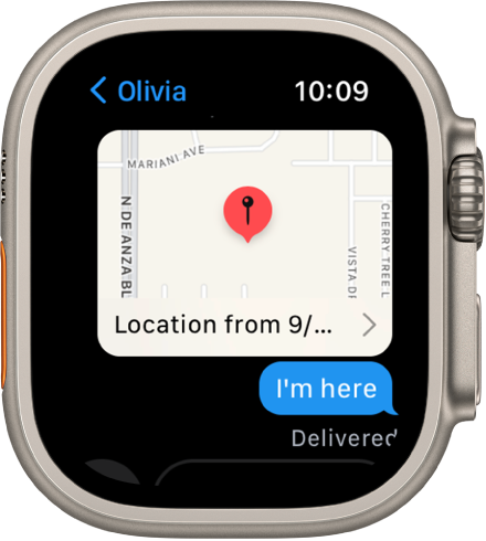Zaslon aplikacije Messages (Sporočila), ki prikazuje zemljevid s pošiljateljevo lokacijo.