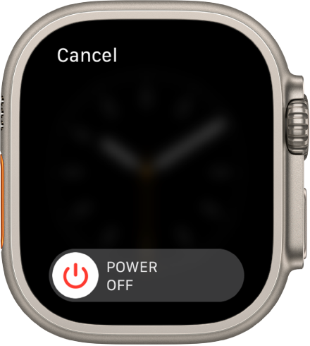 Zaslon ure Apple Watch, na katerem je prikazan drsnik Power Off (izklop). Povlecite drsnik, da izklopite uro Apple Watch.