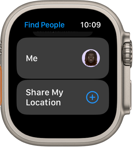 Aplikacija (Iskanje oseb) prikazuje vaš vnos in gumb Share My Location (Deli mojo lokacijo).