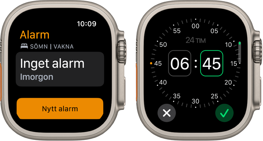 Två urtavlor som visar hur du lägger till ett alarm: Tryck på Nytt alarm, tryck på FM eller EM (om de visas), justera tiden genom att vrida på Digital Crown och tryck sedan på bockmarkeringsknappen.