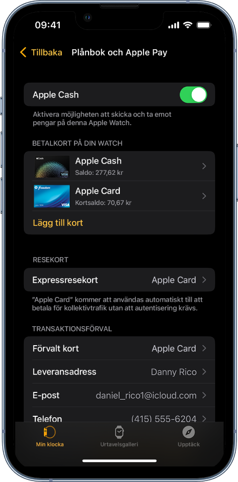Skärmen Plånbok och Apple Pay i Apple Watch-appen på iPhone. På skärmen visas kort som har lagts till i Apple Watch, det kort du har valt att använda för expresskollektivtrafik samt förvalda inställningar för transaktioner.