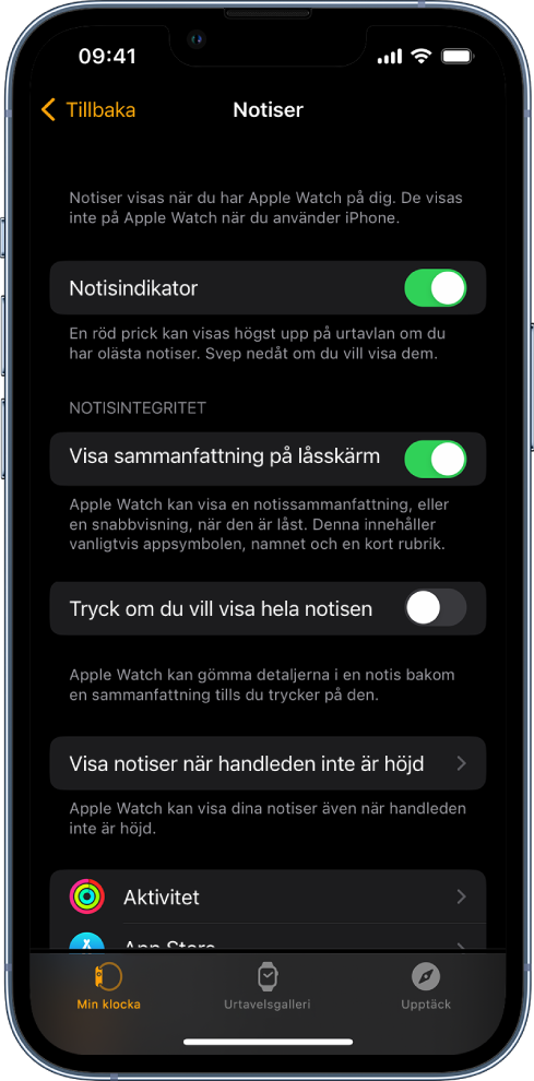 Skärmen Notiser i Apple Watch-appen på iPhone som visar notiskällor.