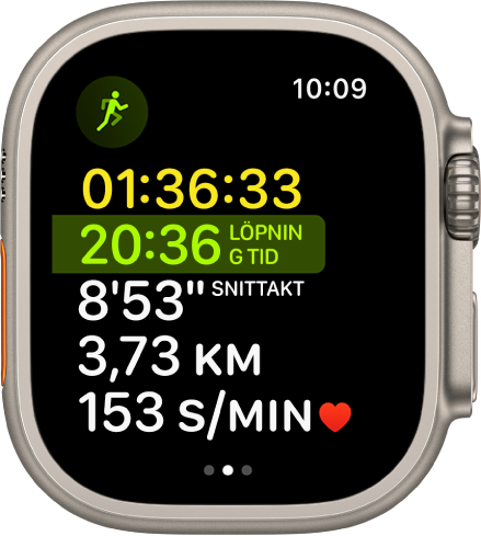 Appen Träning visar en pågående flersportsträning. Skärmen visar total förfluten tid, hur lång tid du har sprungit, snittakt, distans och puls.