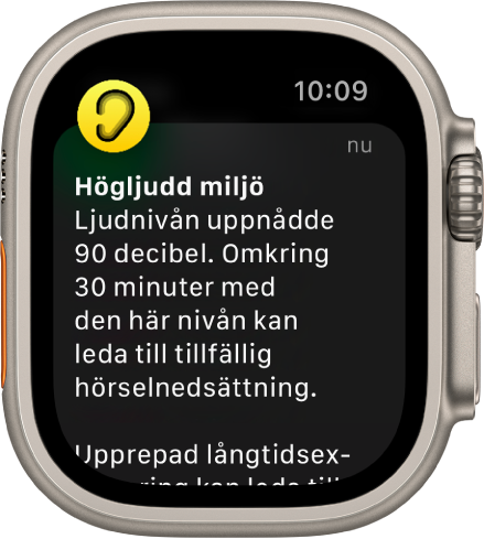 Apple Watch som visar en bullernotis. Symbolen för den app som är kopplad till notisen visas högst upp till vänster. Tryck på den om du vill öppna appen.