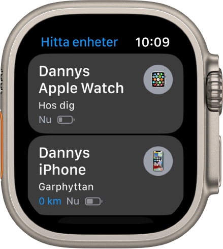 Appen Hitta enheter med två enheter – en Apple Watch och en iPhone.