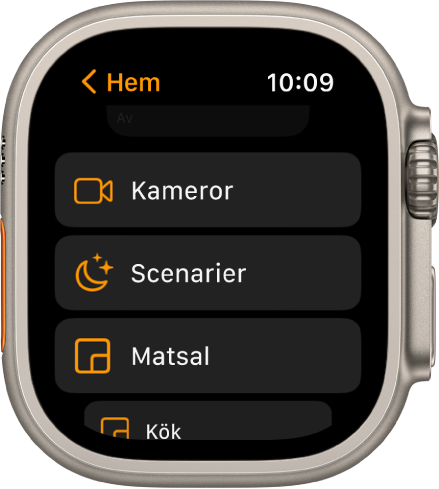 Appen Hem visar en rumslista som inkluderar kameror, en knapp för scenarier och två rum.