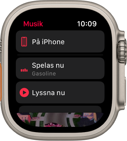 Appen Musik visar knapparna På iPhone, Spelas nu och Lyssna nu i en lista. Rulla nedåt så visas bildmaterial för album.