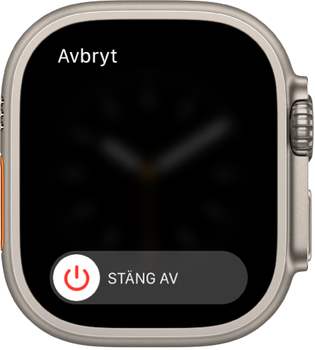 Apple Watch-skärmen visar reglaget Stäng av. Stäng av Apple Watch genom att dra reglaget.