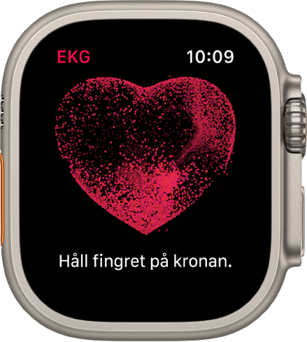 EKG-appen med en bild av ett hjärta och en uppmaning att hålla fingret på Digital Crown.