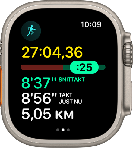 Appen Träning på Apple Watch visar taktanalysen i en utomhuslöpning. Högst upp visas tiden för löpningen. Nedanför finns ett reglage som visar hur långt före eller efter du befinner dig i tempot. Under det visas snittakt, takt just nu och distans.