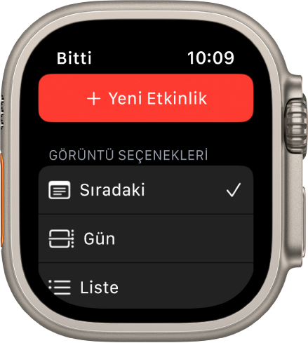Takvim ekranı, en üstte Yeni Etkinlik düğmesini ve altında üç görüntüleme seçeneğini (Sıradaki, Gün ve Liste) gösteriyor.