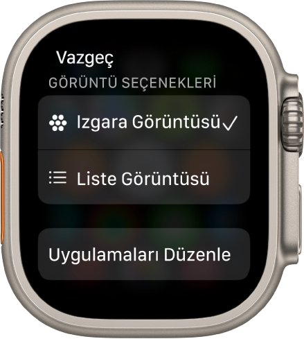 Izgara Görüntüsü ve Liste Görüntüsü düğmelerini gösteren Görüntü Seçenekleri ekranı. Uygulamaları Düzenle düğmesi ekranın en altında.