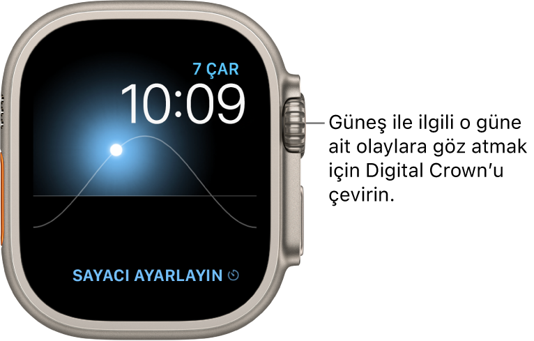 Solar Grafik saat kadranında gün, tarih, o anki saat görüntülenir ve bunları değiştiremezsiniz. Sayaçlar komplikasyonu sağ altta görünür. Güneş’i gökyüzünde alacakaranlık, şafak, tepe, gün batımı ya da karanlık konumuna getirmek için Digital Crown’u çevirin.