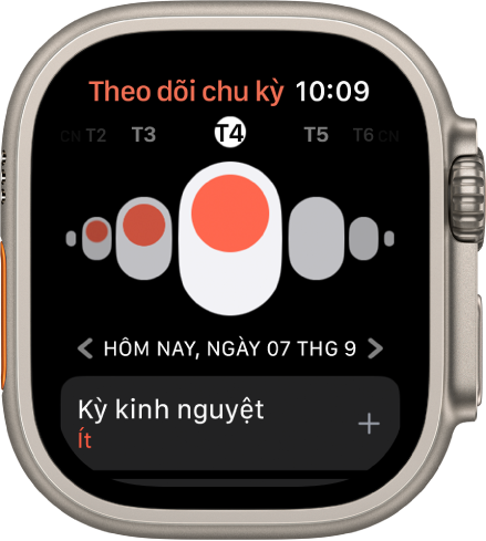 Apple Watch đang hiển thị màn hình Theo dõi chu kỳ.