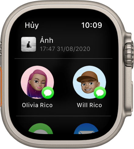 Màn hình Chia sẻ trong ứng dụng Ảnh. Ảnh được chia sẻ ở đầu màn hình và hai người nhận có thể chia sẻ ở bên dưới.