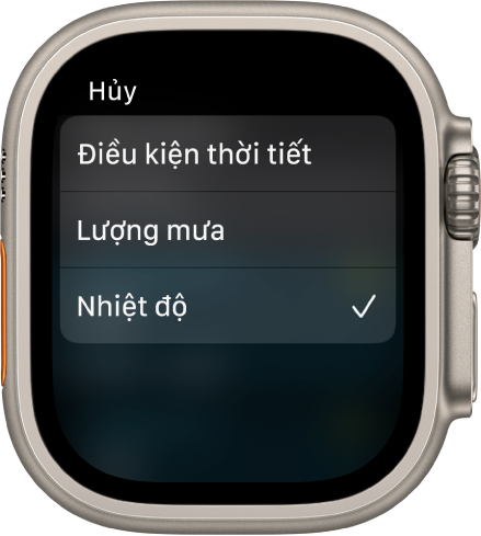 Ứng dụng Thời tiết đang hiển thị ba lựa chọn trong một danh sách – Điều kiện thời tiết, Lượng mưa và Nhiệt độ.