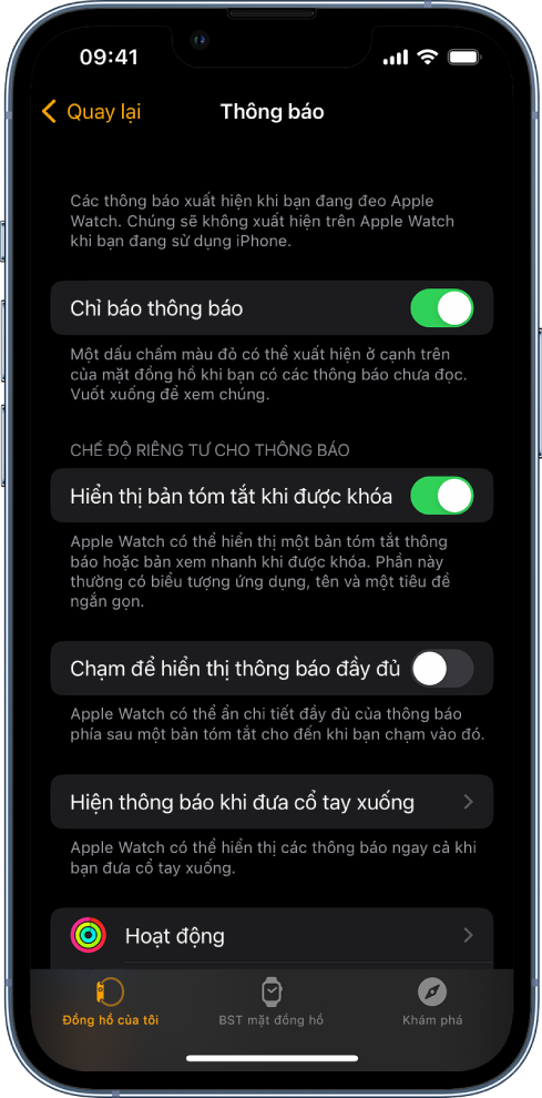 Màn hình Thông báo trên ứng dụng Apple Watch trên iPhone, đang hiển thị các nguồn thông báo.