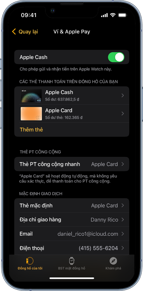 Màn hình Ví & Apple Pay trong ứng dụng Apple Watch trên iPhone. Màn hình hiển thị các thẻ được thêm vào Apple Watch, thẻ mà bạn đã chọn để sử dụng cho phương tiện công cộng nhanh và cài đặt mặc định của giao dịch.