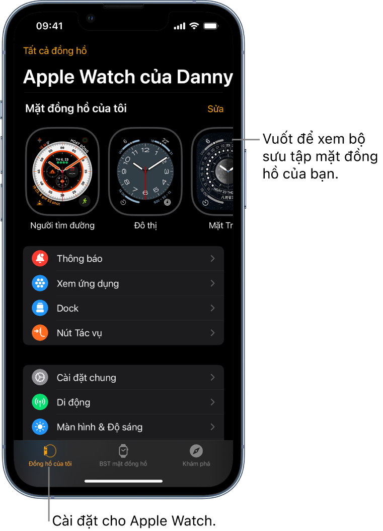 Ứng dụng Apple Watch trên iPhone mở ra màn hình Đồng hồ của tôi, hiển thị các mặt đồng hồ của bạn ở gần trên cùng và các cài đặt ở bên dưới. Có ba tab ở dưới cùng của màn hình ứng dụng Apple Watch: tab bên trái là Đồng hồ của tôi, là nơi dành cho các cài đặt của Apple Watch; tiếp theo là BST mặt đồng hồ, là nơi bạn khám phá các mặt đồng hồ và tổ hợp có sẵn; sau đó là Khám phá, là nơi bạn có thể tìm hiểu thêm về Apple Watch.