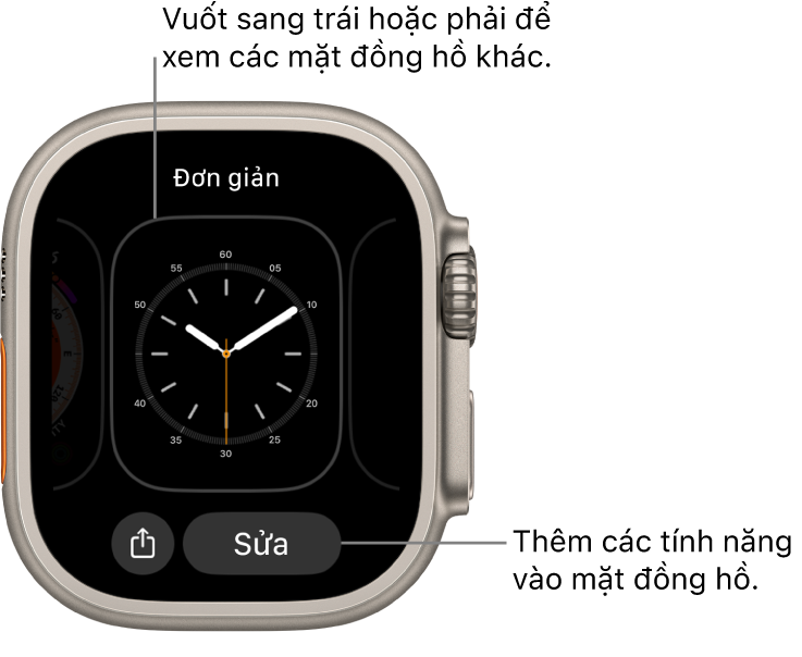 Khi bạn chạm và giữ mặt đồng hồ, bạn thấy mặt đồng hồ hiện tại với các nút Chia sẻ và Sửa ở dưới cùng. Tên của mặt đồng hồ ở trên cùng. Vuốt sang trái hoặc phải để xem các tùy chọn mặt đồng hồ khác. Chạm vào một tổ hợp để thêm các tính năng bạn muốn.