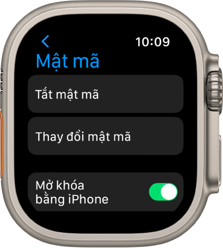 Cài đặt Mật mã trên Apple Watch, với nút Tắt mật mã ở trên cùng, nút Thay đổi mật mã ở bên dưới và công tắc Mở khóa bằng iPhone ở dưới cùng.