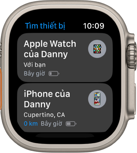 Ứng dụng Tìm thiết bị đang hiển thị hai thiết bị – một Apple Watch và iPhone.