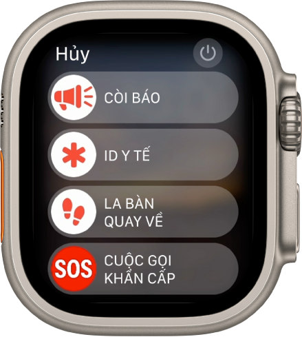 Màn hình Apple Watch đang hiển thị bốn thanh trượt: Còi báo, ID y tế, La bàn Quay về và Cuộc gọi khẩn cấp. Nút Nguồn ở trên cùng bên phải.